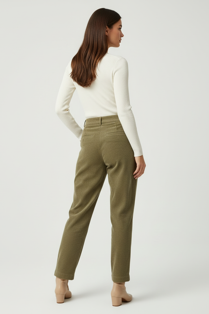 Pantalon Beige Côtelé Droit Plissé Élégant Femme - Kaki Cordé - vue 2