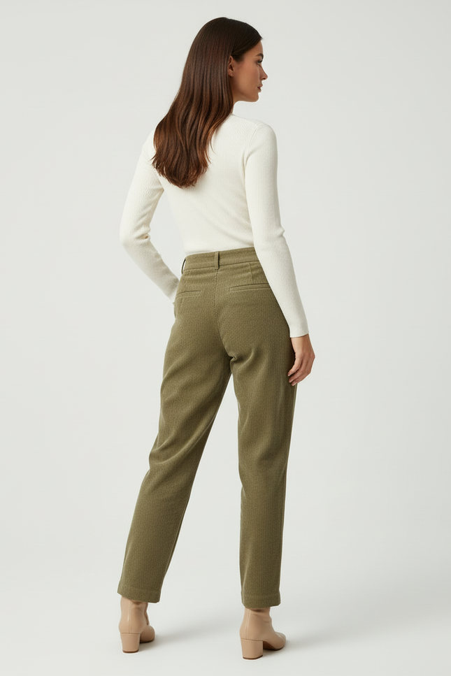 Pantalon Beige Côtelé Droit Plissé Élégant Femme - Kaki Cordé - vue 2