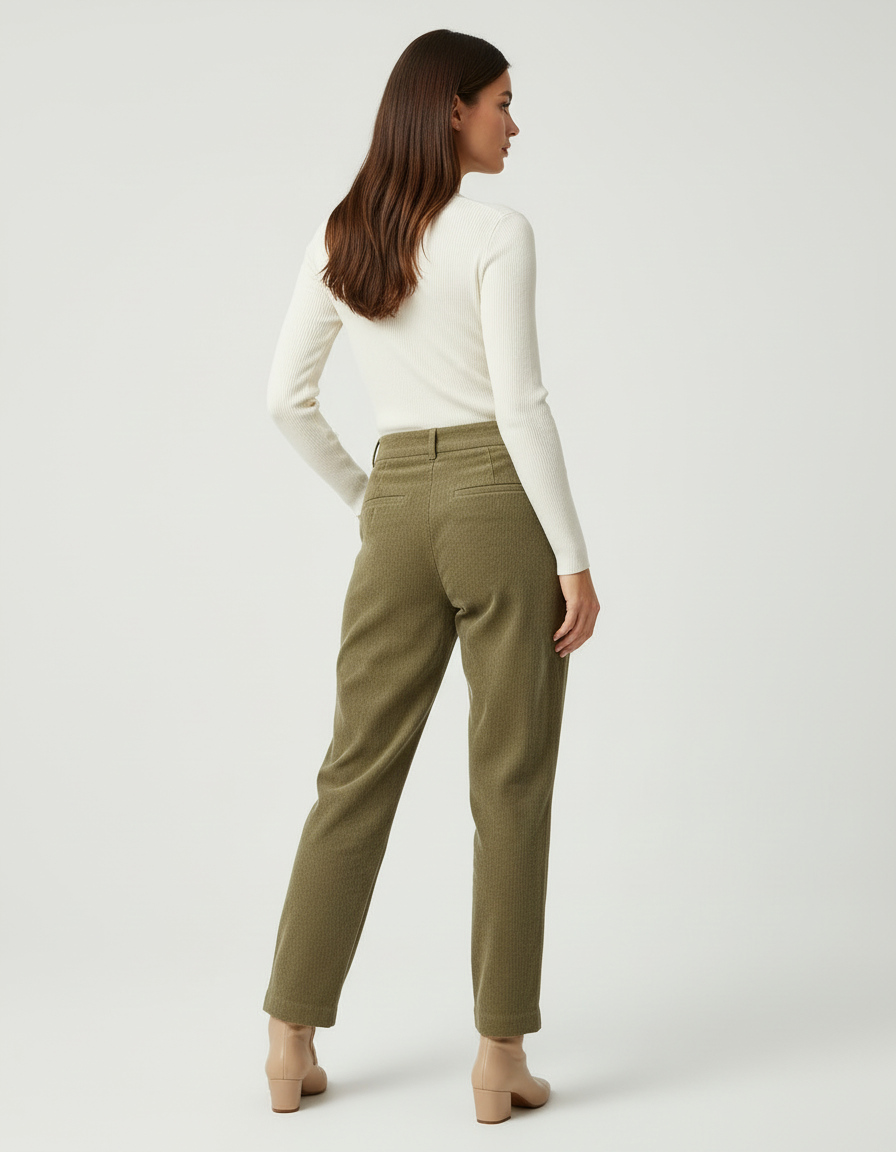 Pantalon Beige Côtelé Droit Plissé Élégant Femme - Kaki Cordé - vue 2