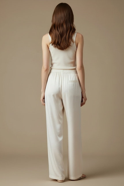 Pantalon Beige Fluide Ample Jacquard Soie Élégant - vue 2
