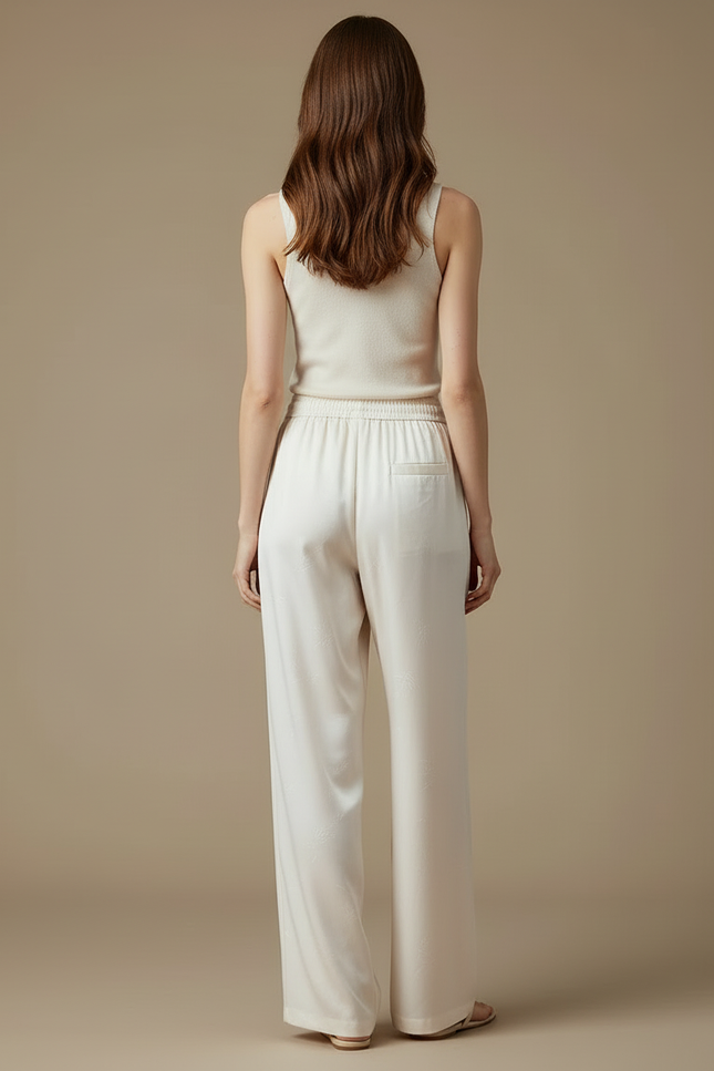 Pantalon Beige Fluide Ample Jacquard Soie Élégant - vue 2