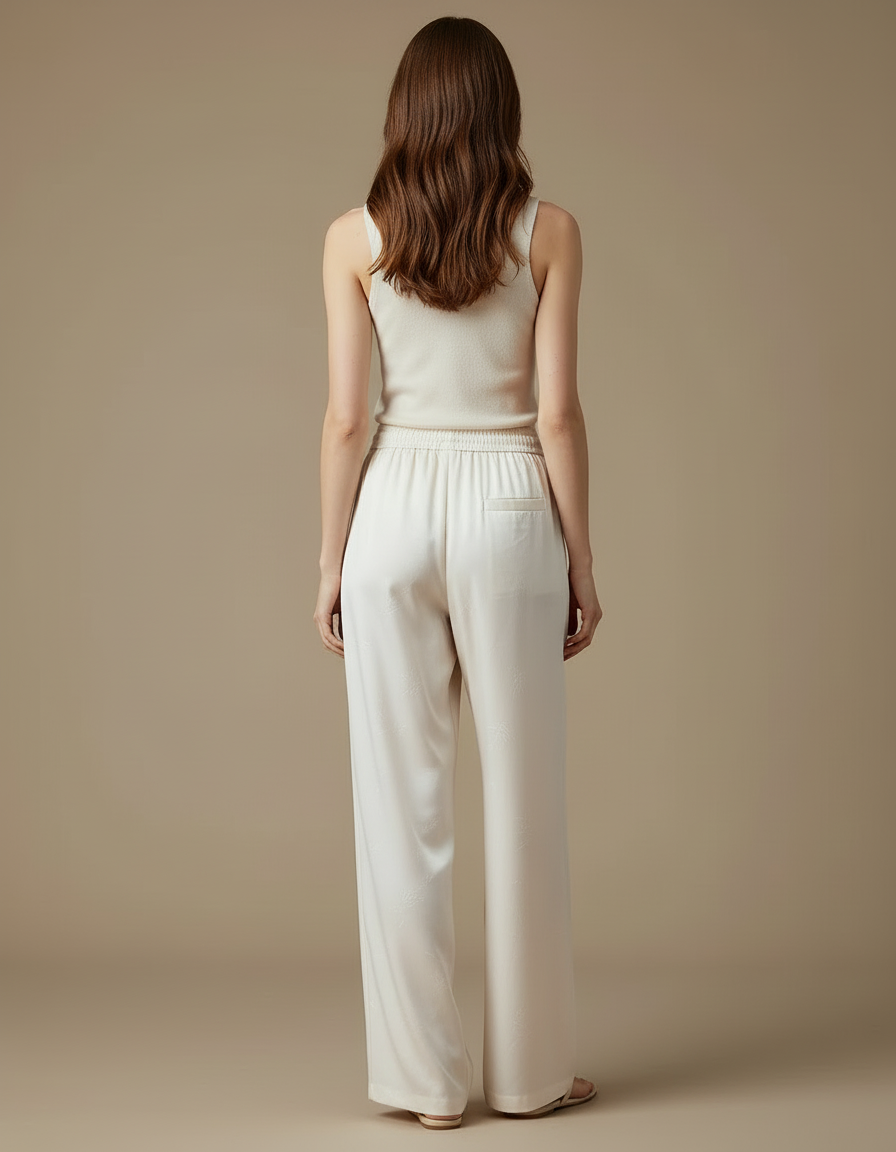 Pantalon Beige Fluide Ample Jacquard Soie Élégant - vue 2