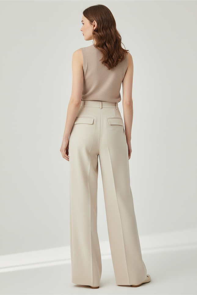 Pantalon Beige Femme Taille Haute Large Fluide - Blanc Gabardine - vue 2