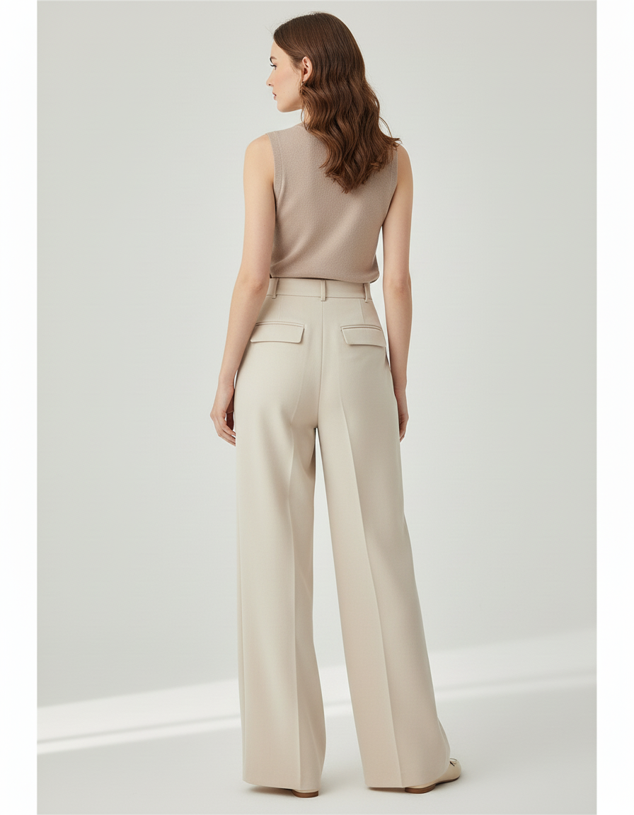 Pantalon Beige Femme Taille Haute Large Fluide - Blanc Gabardine - vue 2
