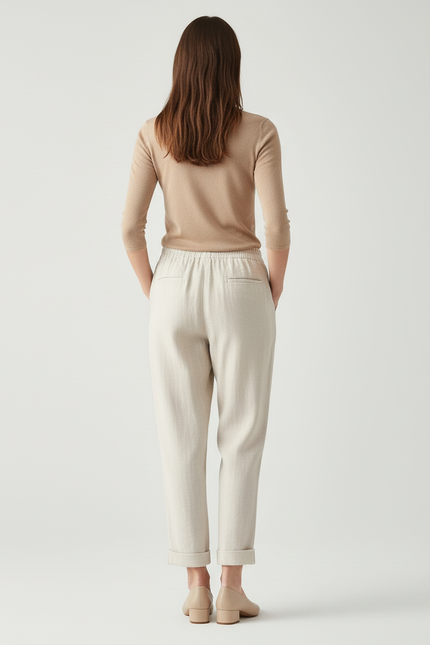 Pantalon Beige Lin Ample Décontracté Fluide Femme - vue 2