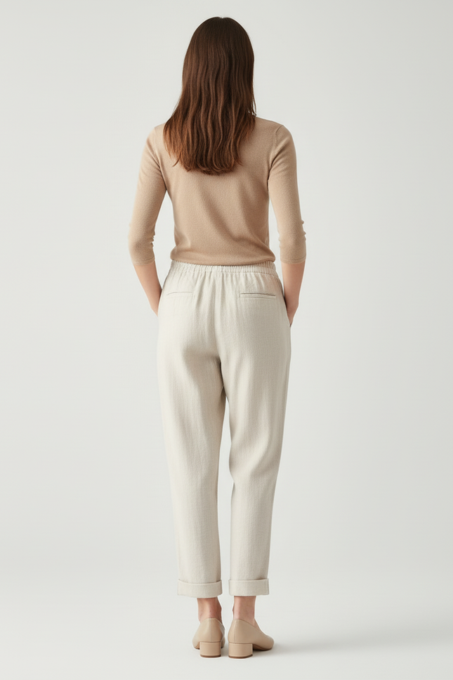Pantalon Beige Lin Ample Décontracté Fluide Femme - vue 2