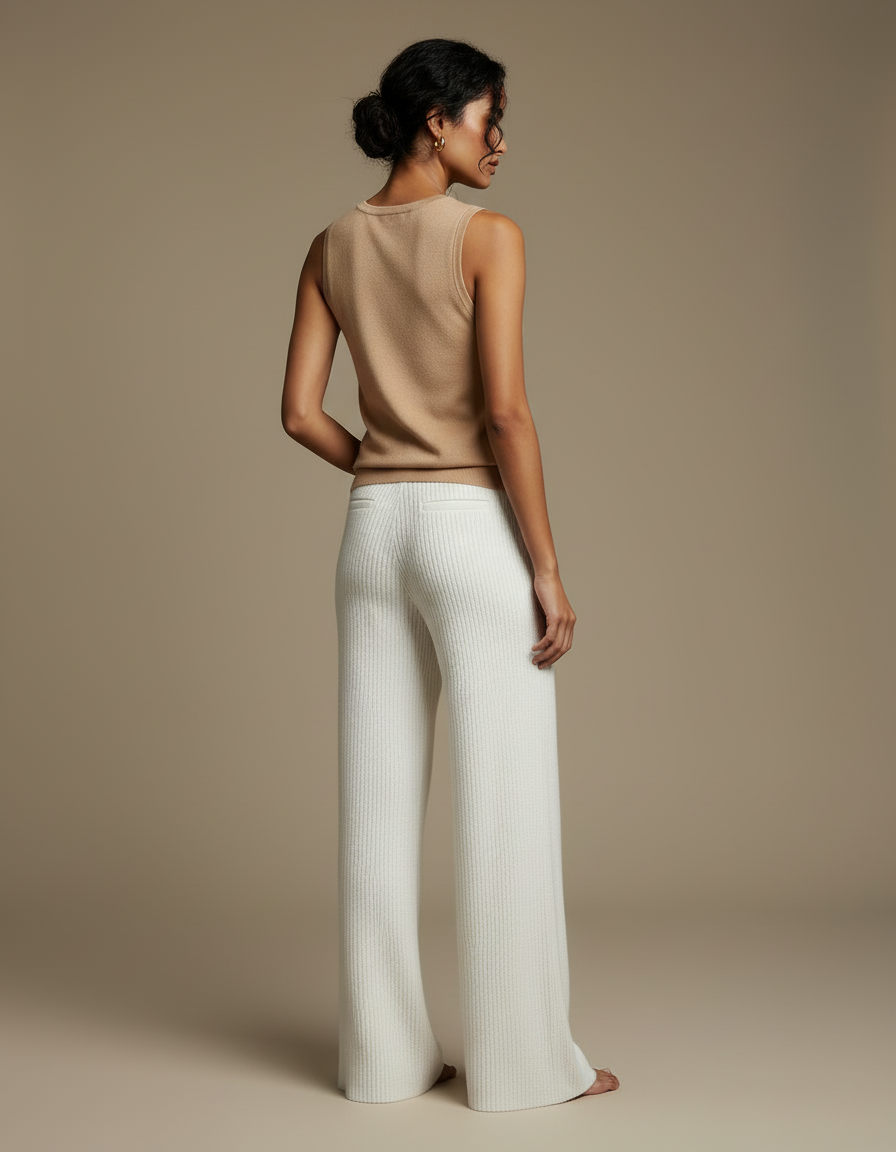 Pantalon Beige Côtelé Tricoté Ample Décontracté Élégant - Maille - vue 2