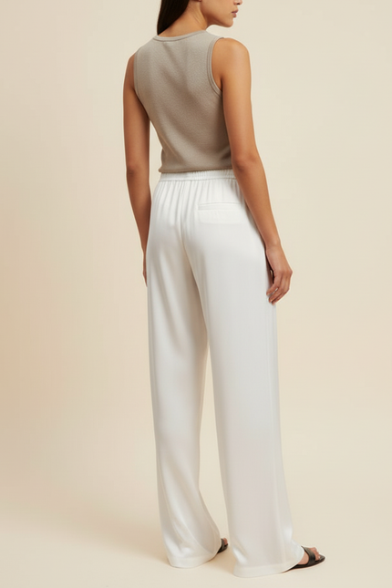Pantalon Beige Fluide Ample Satiné Élastique Chic - Blanc - vue 2