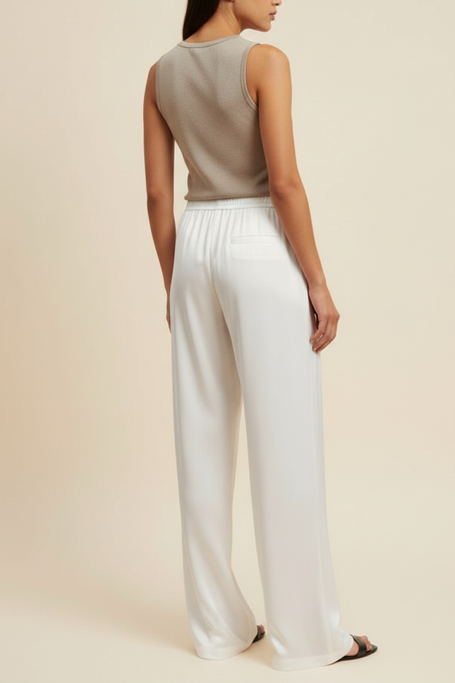 Pantalon Beige Fluide Ample Satiné Élastique Chic - Blanc - vue 2