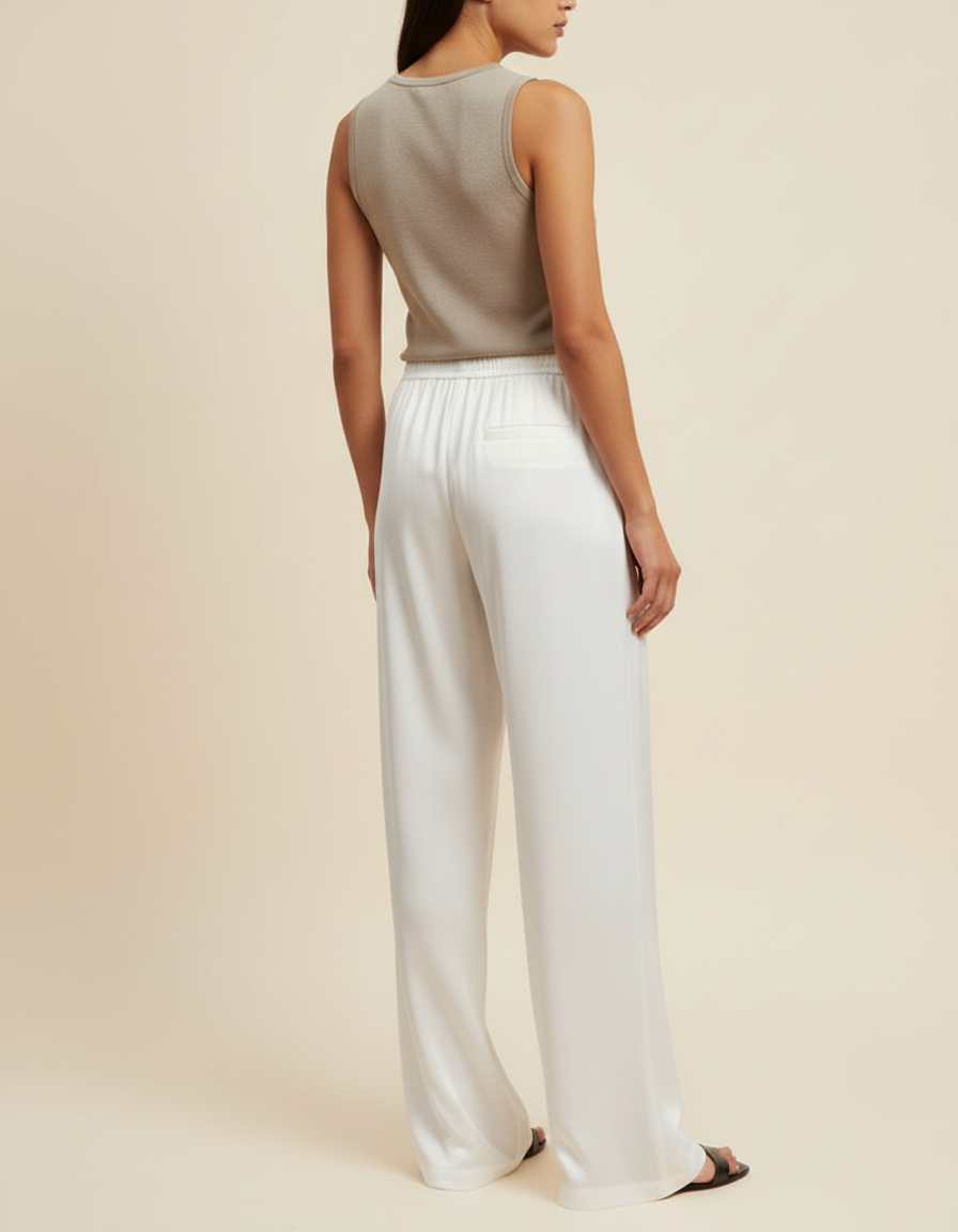 Pantalon Beige Fluide Ample Satiné Élastique Chic - Blanc - vue 2