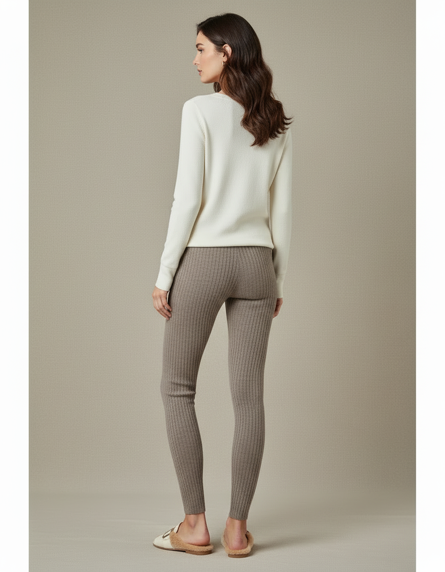 Pantalon Beige Laine Maille Côtelée Élastique Confortable - vue 2