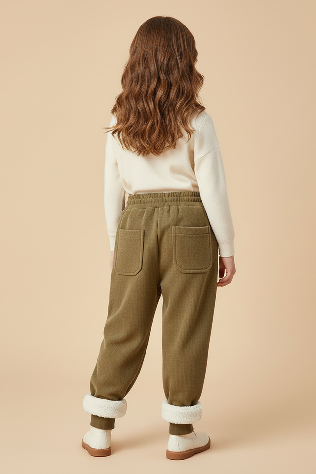 Pantalon Beige Côtelé Doublé Chaud Enfant Fille - Kaki Cordé - vue 2