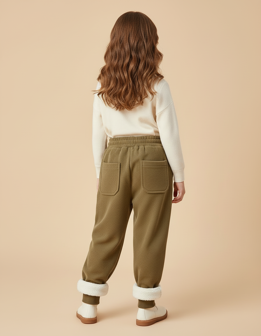 Pantalon Beige Côtelé Doublé Chaud Enfant Fille - Kaki Cordé - vue 2