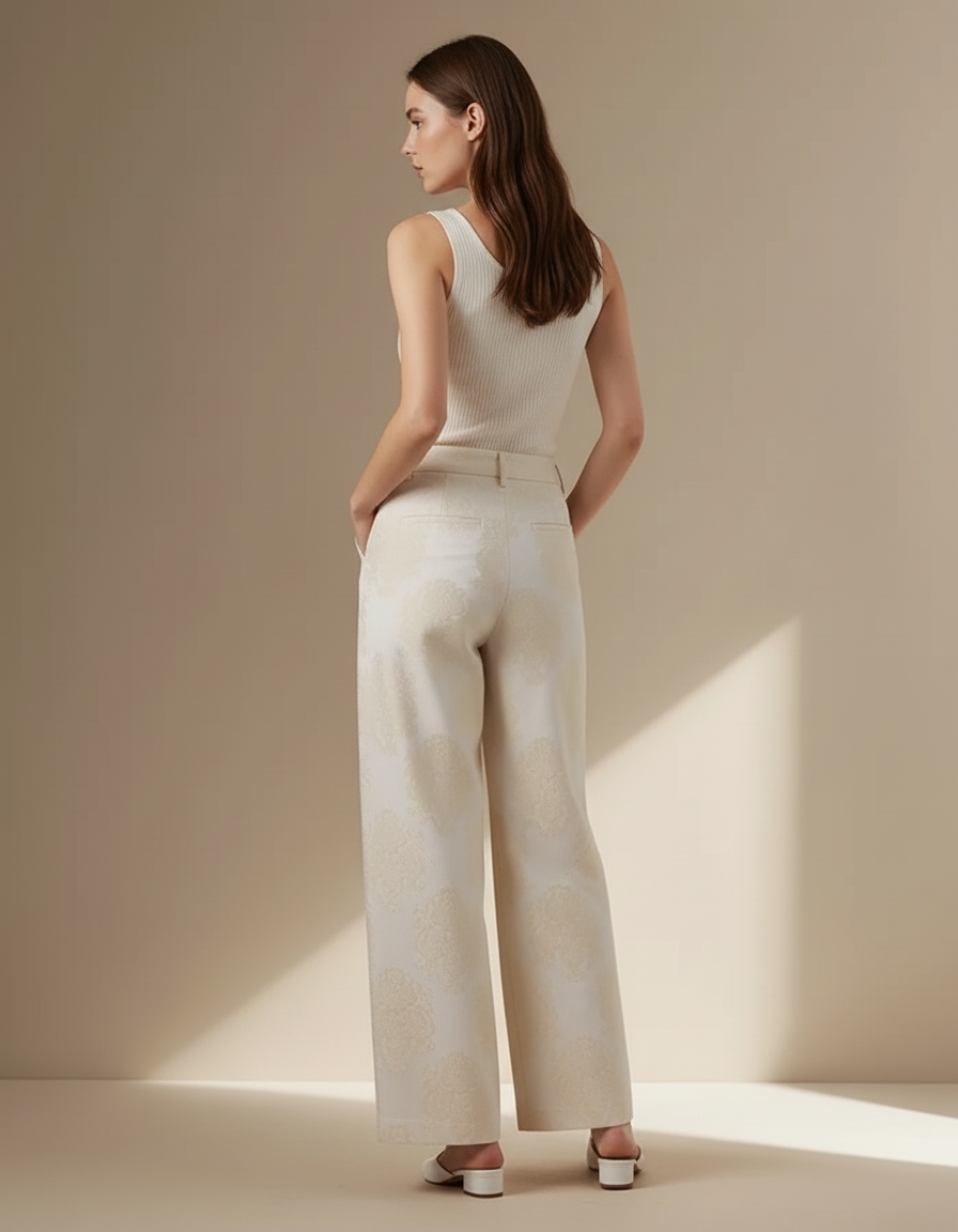 Pantalon Beige Jacquard Ample Taille Haute Élégant - Polyester - vue 2