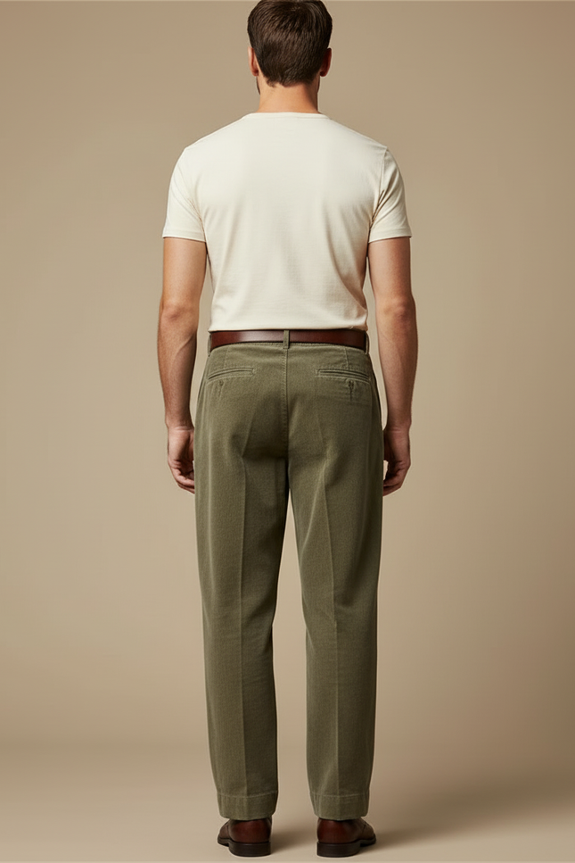 Pantalon Beige Côtelé Ample Plissé Décontracté Homme - Kaki Cordé - vue 2