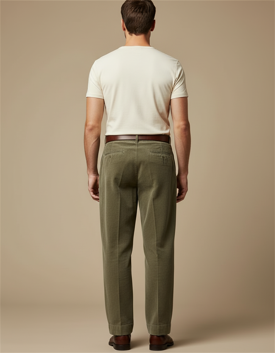 Pantalon Beige Côtelé Ample Plissé Décontracté Homme - Kaki Cordé - vue 2