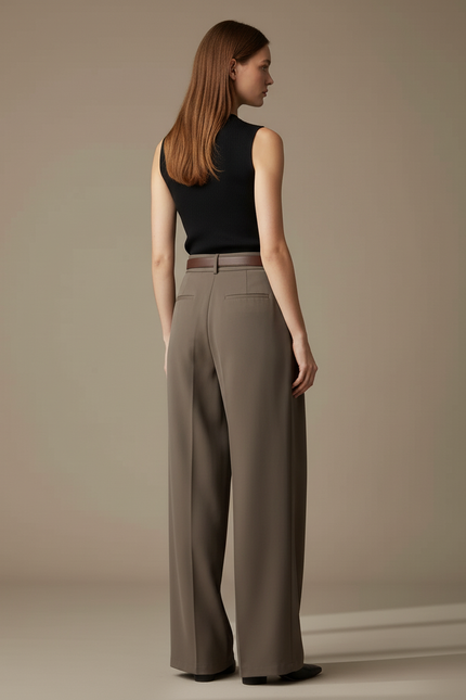 Pantalon Beige Fluide Ample Taille Haute Élégant - Kaki Polyester - vue 2