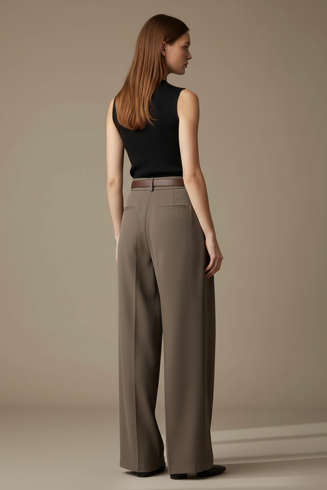 Pantalon Beige Fluide Ample Taille Haute Élégant - Kaki Polyester - vue 2