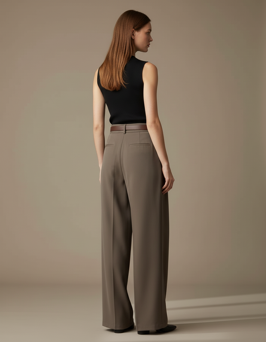 Pantalon Beige Fluide Ample Taille Haute Élégant - Kaki Polyester - vue 2