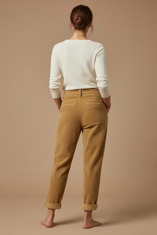 Pantalon Beige Côtelé Ample Taille Haute Décontracté - Camel Cordé - vue 2