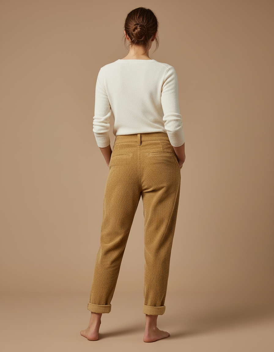 Pantalon Beige Côtelé Ample Taille Haute Décontracté - Camel Cordé - vue 2