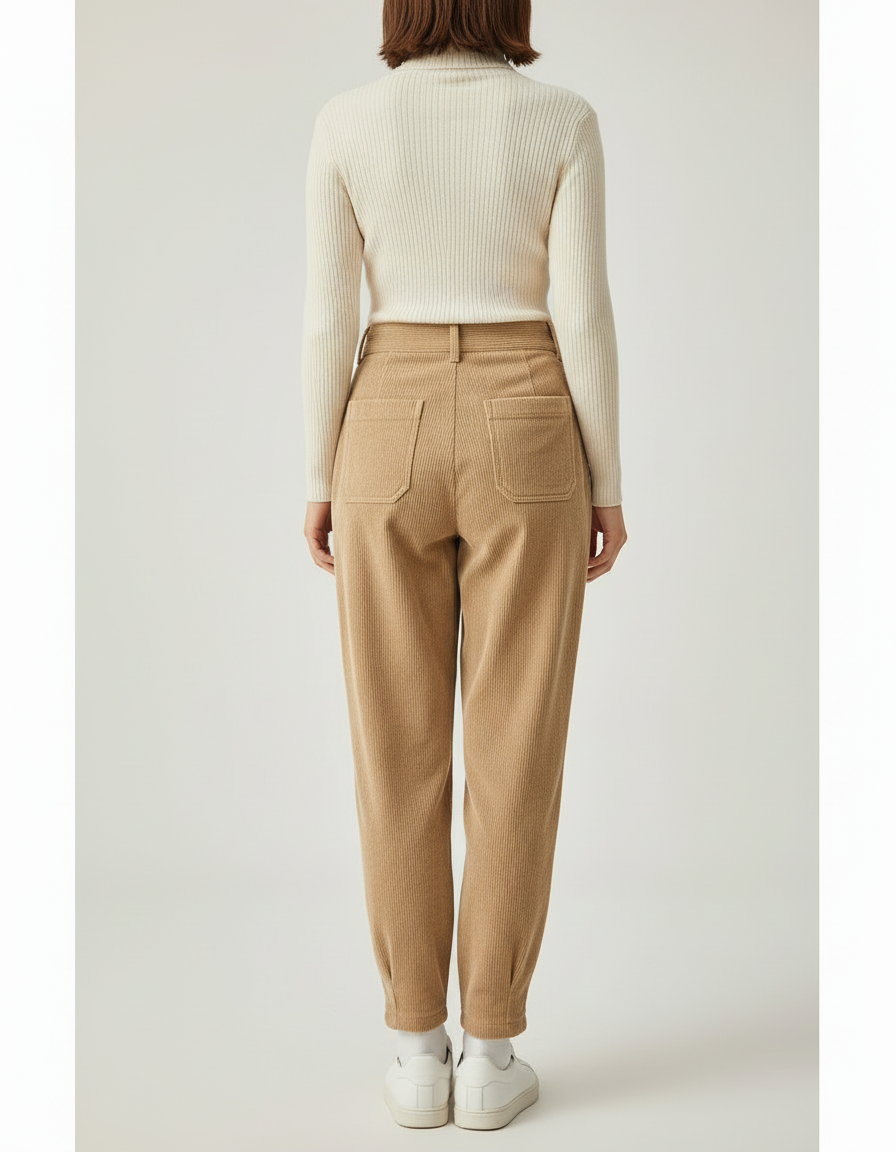Pantalon Beige Côtelé Ample Décontracté Plissé - Cordé - vue 2