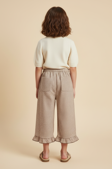 Pantalon Beige Vichy Ample Volants Coton Fille - vue 2