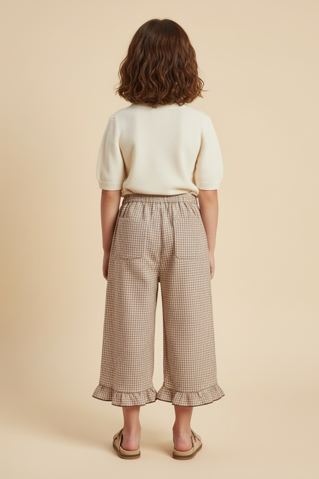 Pantalon Beige Vichy Ample Volants Coton Fille - vue 2