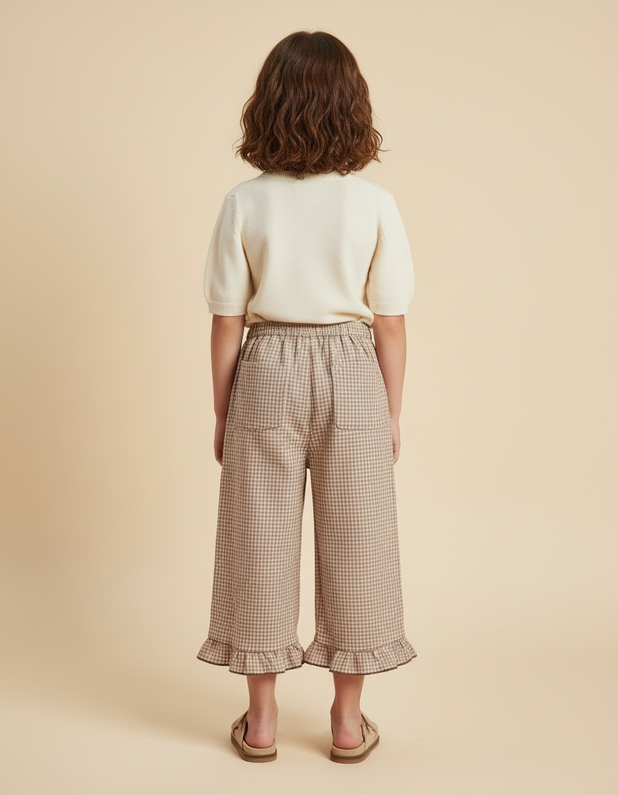 Pantalon Beige Vichy Ample Volants Coton Fille - vue 2