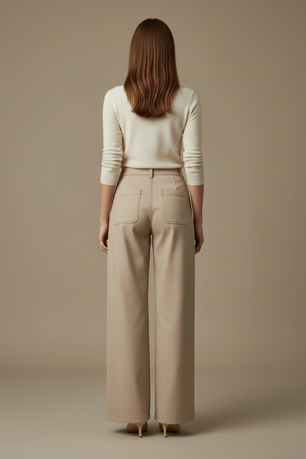 Pantalon Beige Droit Ample Coton Élégant Femme - vue 2
