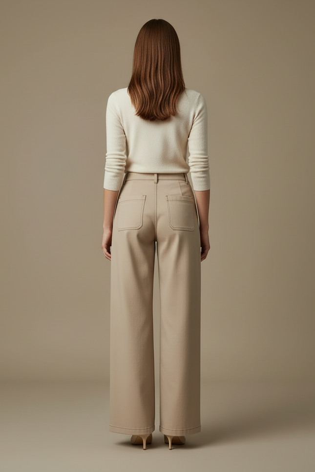 Pantalon Beige Droit Ample Coton Élégant Femme - vue 2