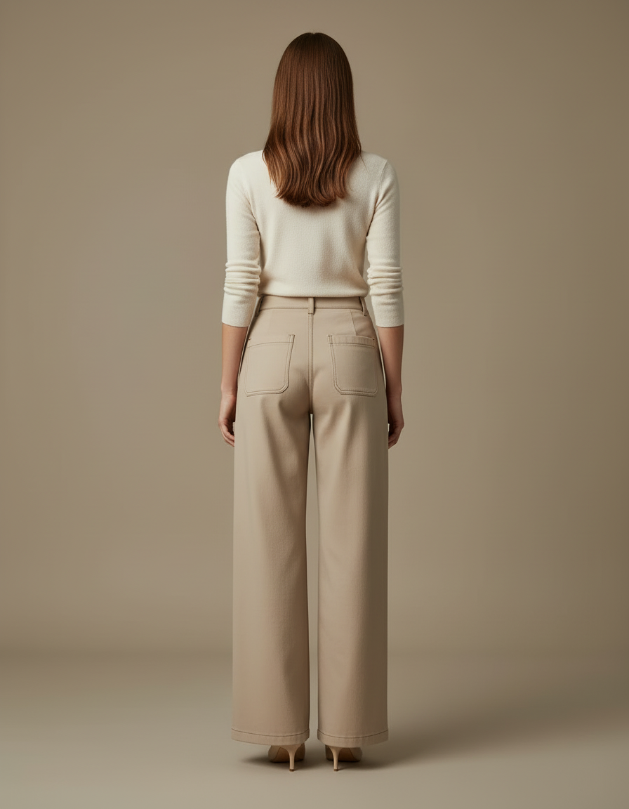 Pantalon Beige Droit Ample Coton Élégant Femme - vue 2
