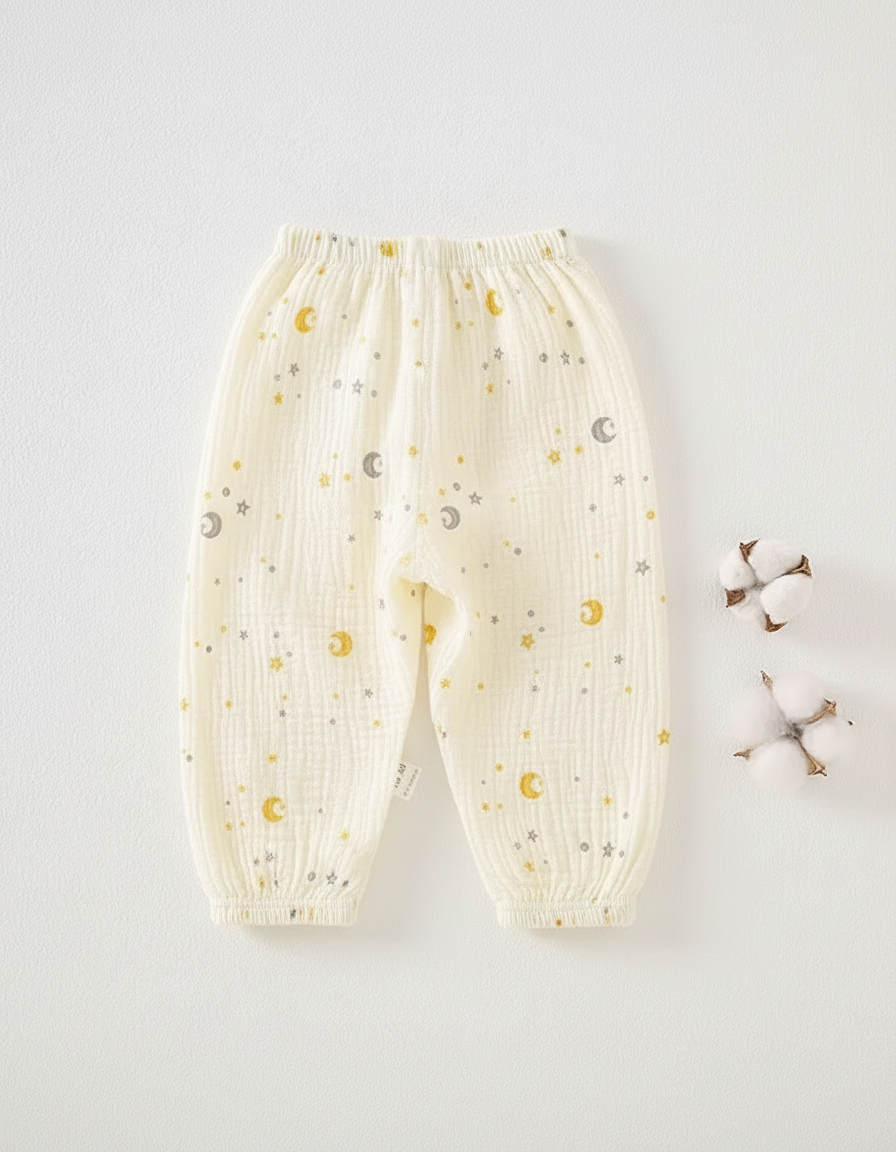 Pantalon Beige Coton Gaze Lune Étoiles Bébé