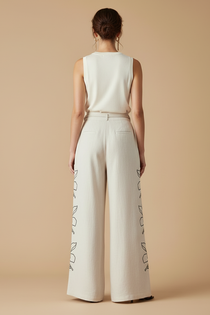 Pantalon Beige Large Fluide Lin Brodé Floral Femme - vue 2