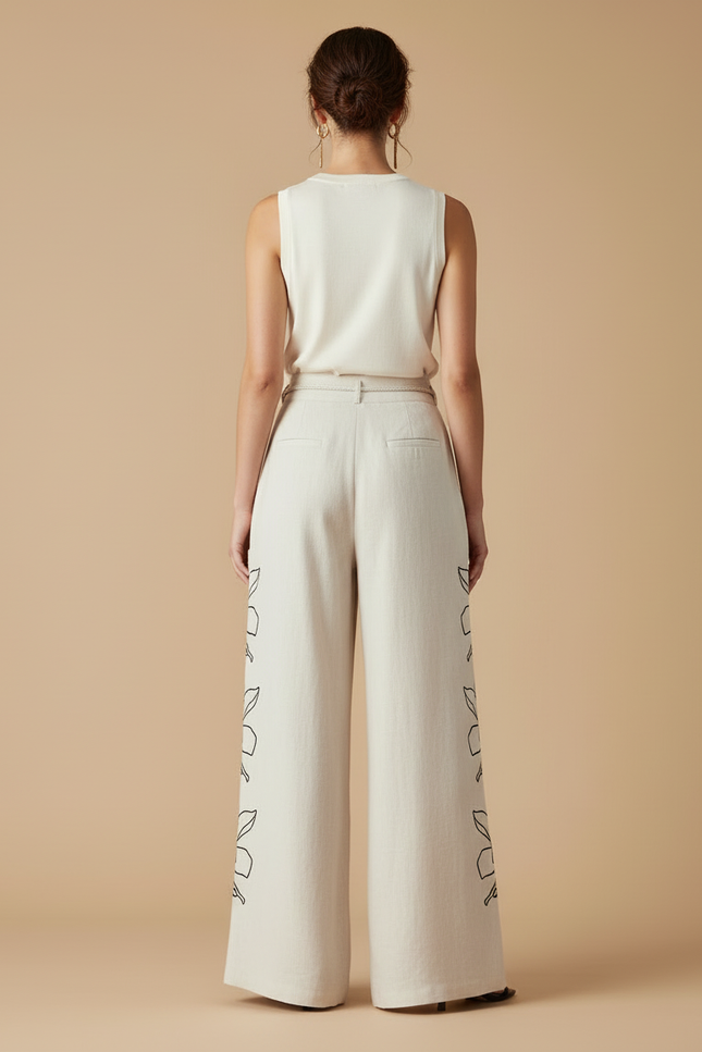 Pantalon Beige Large Fluide Lin Brodé Floral Femme - vue 2