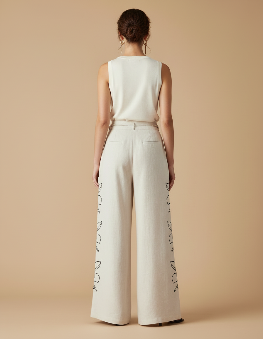 Pantalon Beige Large Fluide Lin Brodé Floral Femme - vue 2