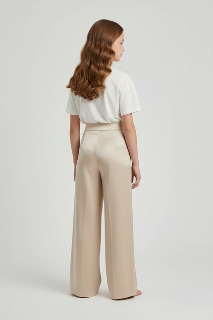 Pantalon Beige Satiné Taille Haute Ample Fluide - vue 2