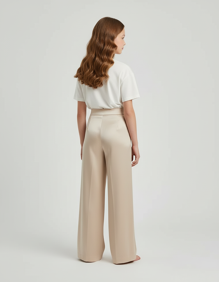 Pantalon Beige Satiné Taille Haute Ample Fluide - vue 2