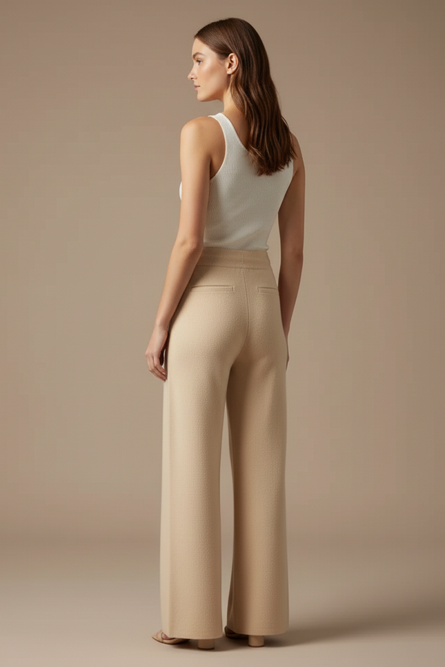 Pantalon Beige Large Tricoté Laine Mérinos Doux Décontracté - vue 2