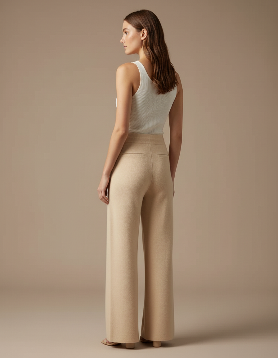 Pantalon Beige Large Tricoté Laine Mérinos Doux Décontracté - vue 2