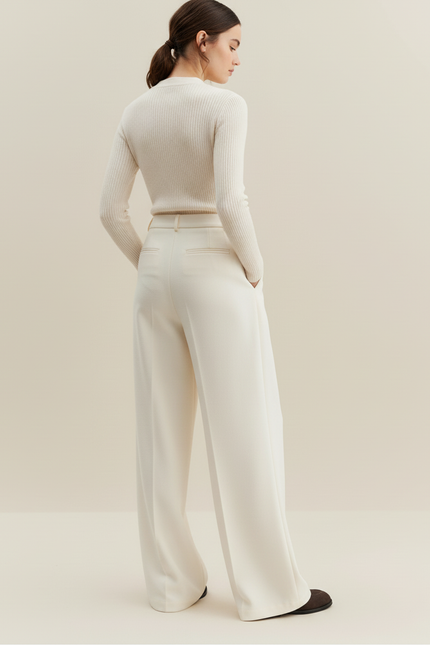 Pantalon Beige Taille Haute Ample Plissé Élégant Femme - Gabardine - vue 2