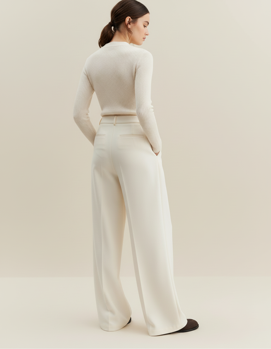 Pantalon Beige Taille Haute Ample Plissé Élégant Femme - Gabardine - vue 2