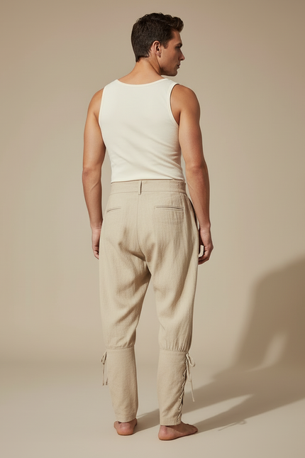 Pantalon Beige Médiéval Pirate Lacets Coton Lin Homme - vue 2