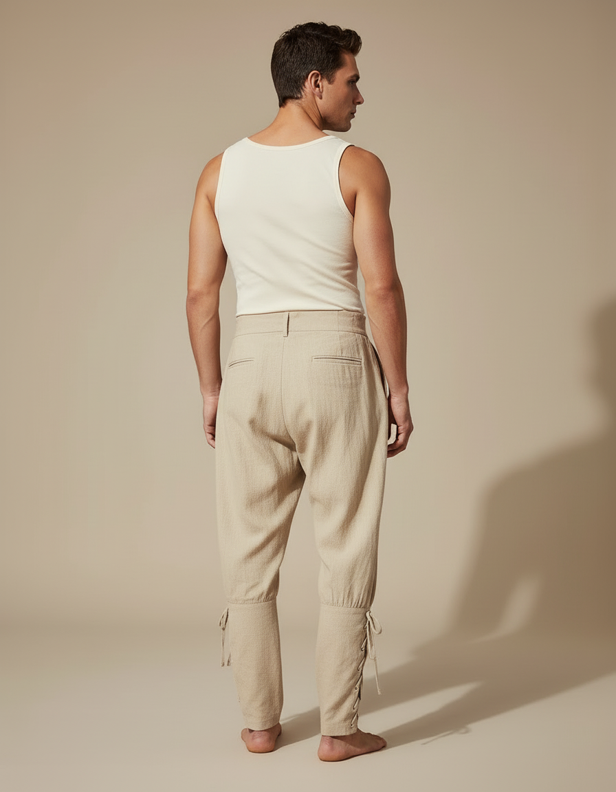 Pantalon Beige Médiéval Pirate Lacets Coton Lin Homme - vue 2