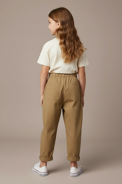 Pantalon Beige Ample Coton Taille Élastique Enfant - Kaki - vue 2