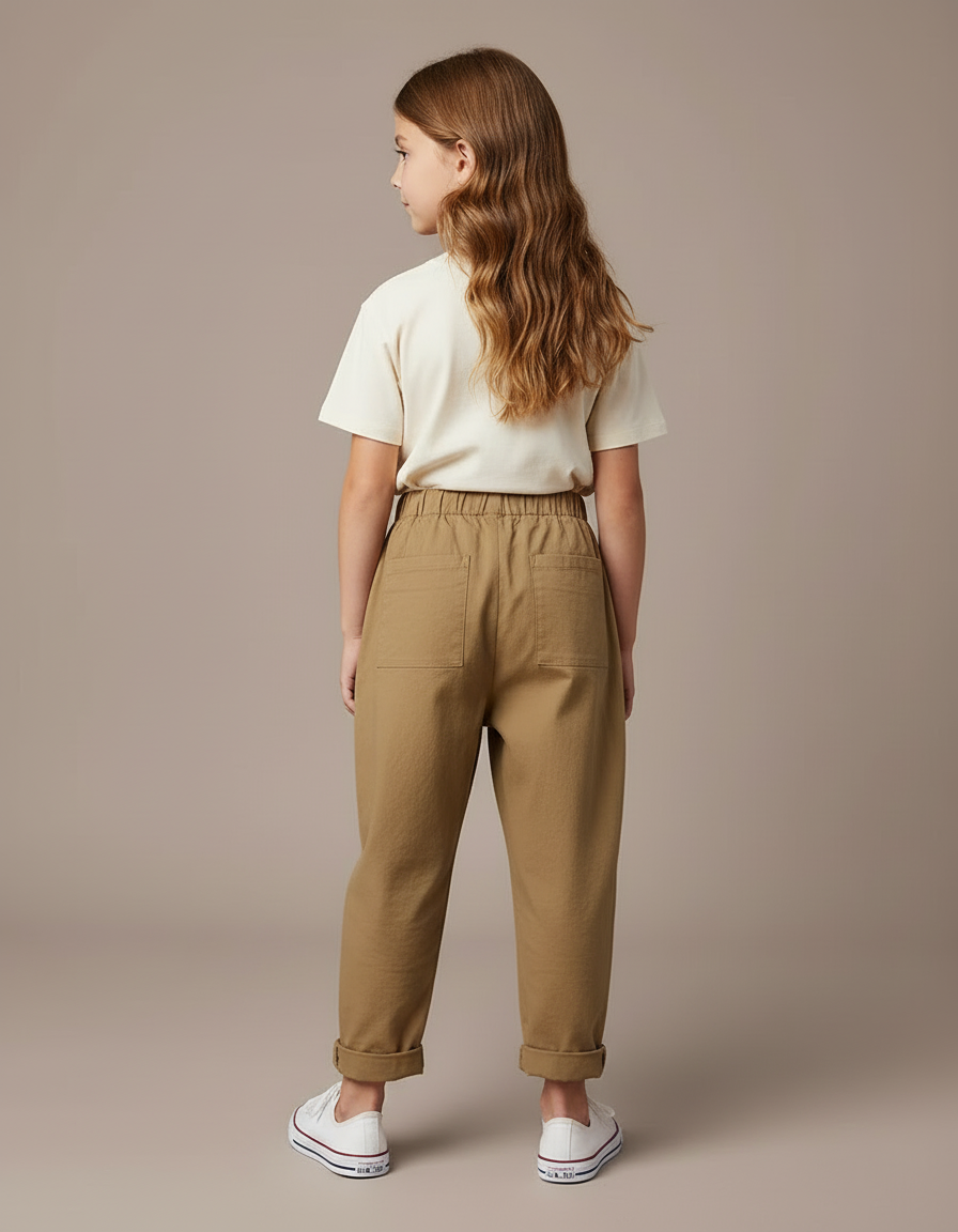 Pantalon Beige Ample Coton Taille Élastique Enfant - Kaki - vue 2
