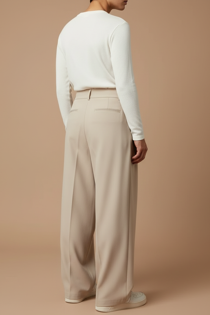 Pantalon Beige Plissé Large Fluide Décontracté Homme - Polyester - vue 2