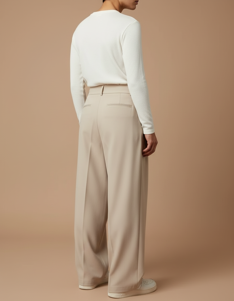 Pantalon Beige Plissé Large Fluide Décontracté Homme - Polyester - vue 2