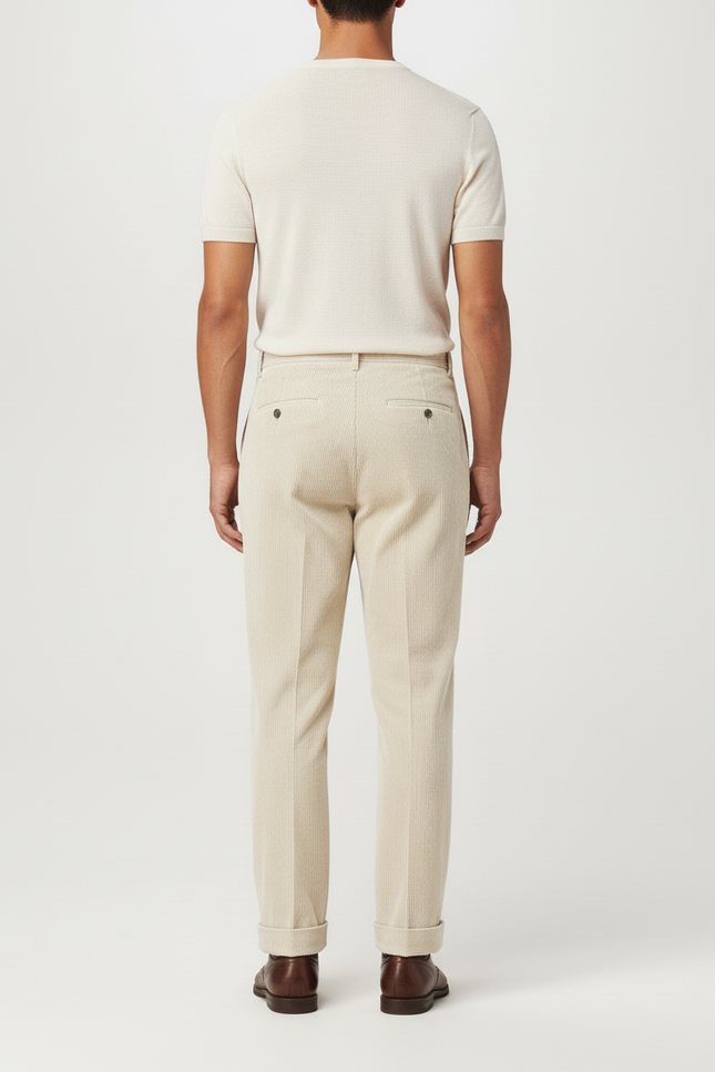 Pantalon Beige Côtelé Plissé Droit Élégant Homme - Cordé - vue 2