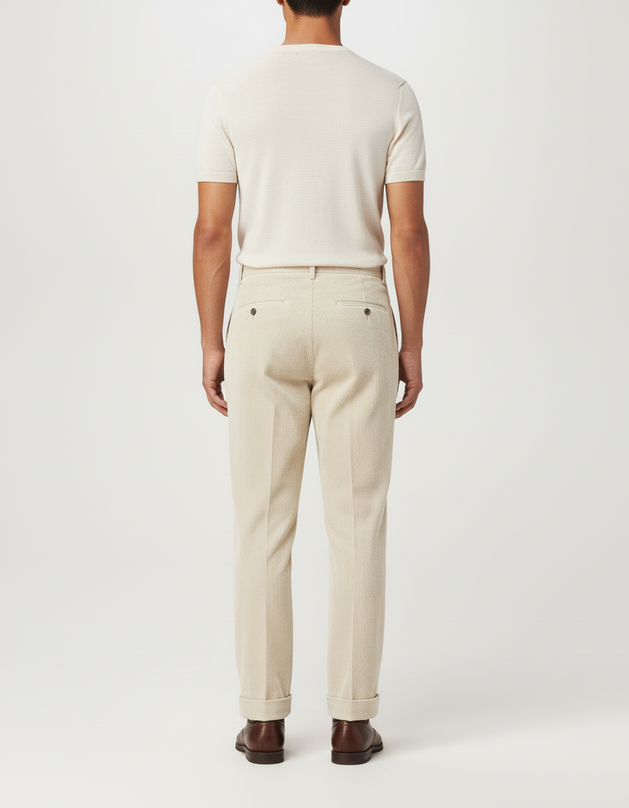 Pantalon Beige Côtelé Plissé Droit Élégant Homme - Cordé - vue 2